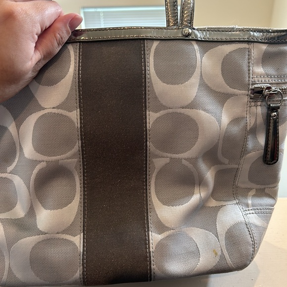 Coach Metallic Gray Signature Stripe Tote - Good Condition - Picture 2 of 14